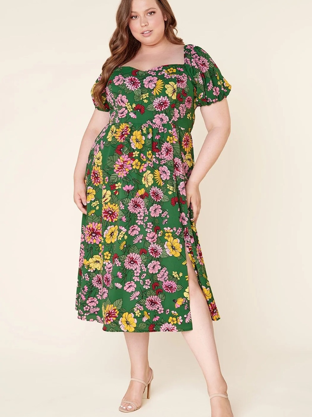 Sugarlips Green Floral Puff-Sleeve Midi Dress